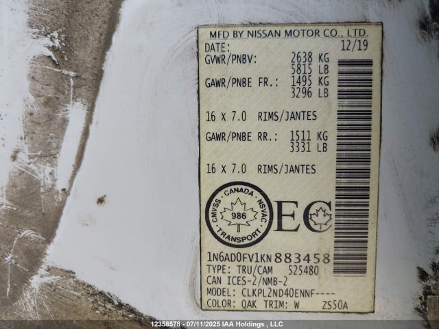 1N6AD0FV1KN883458 Nissan Frontier