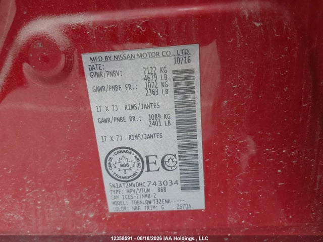 5N1AT2MV0HC743034 Nissan Rogue S/sl Platinum/sv