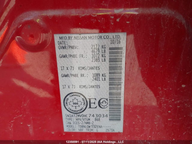 5N1AT2MV0HC743034 Nissan Rogue S/sl Platinum/sv