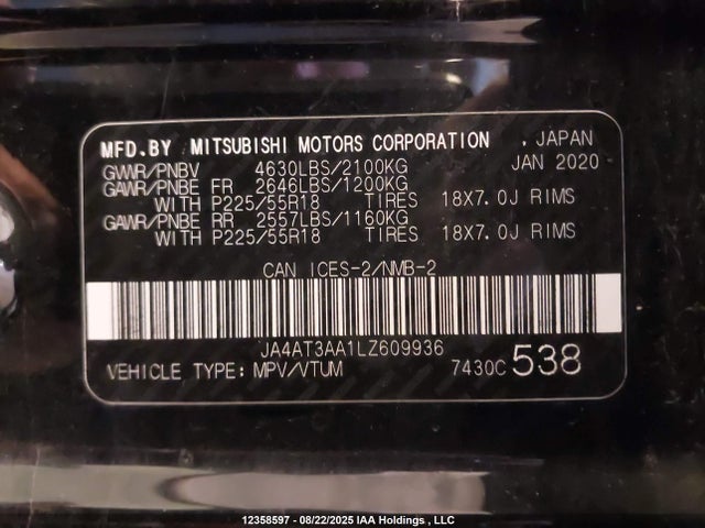 Mitsubishi tc/ic mivec 2020 JA4AT3AA1LZ609936 Image 9