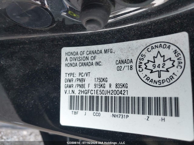 2HGFC1E50JH200421 Honda l15b7