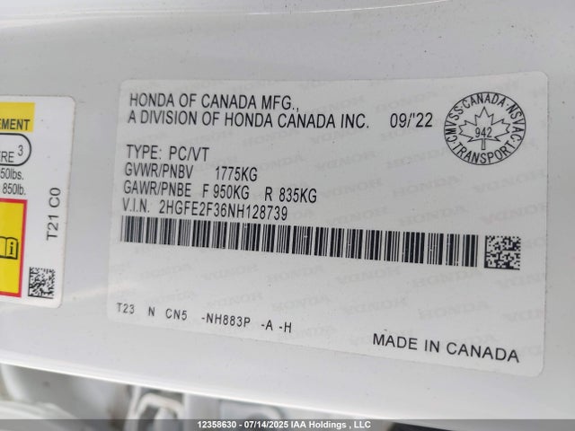 Honda Civic 2022 2HGFE2F36NH128739 Image 9
