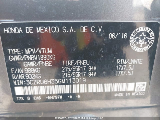 3CZRU6H35GM113019 Honda r18z9