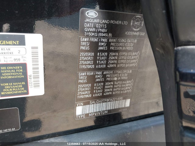 Land Rover supercharged lev2 ulev 2015 SALGV2TF8FA221496 Image 9
