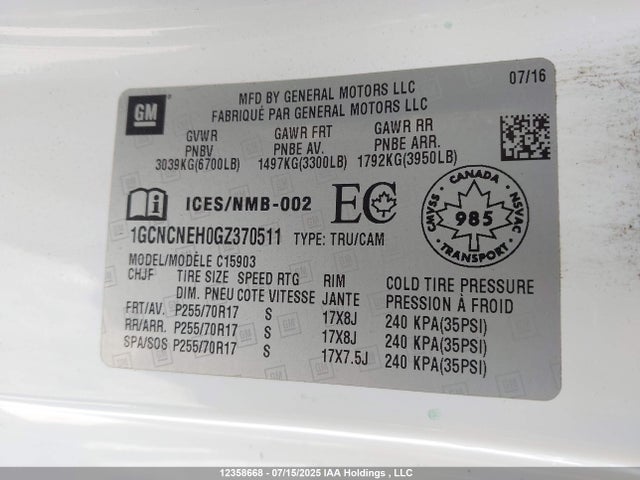 1GCNCNEH0GZ370511 Chevrolet lv3 - sidi, vvt, aluminum, e85 max