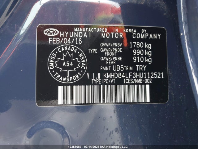 KMHD84LF3HU112521 Hyundai 2017