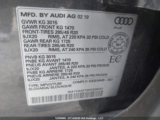 Audi Q7 2019 WA1VAAF70KD036032 Image 9