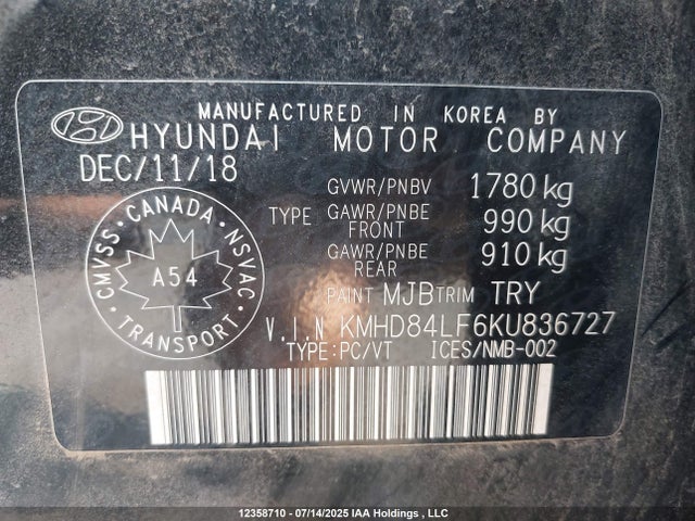 KMHD84LF6KU836727 Hyundai mpi nu