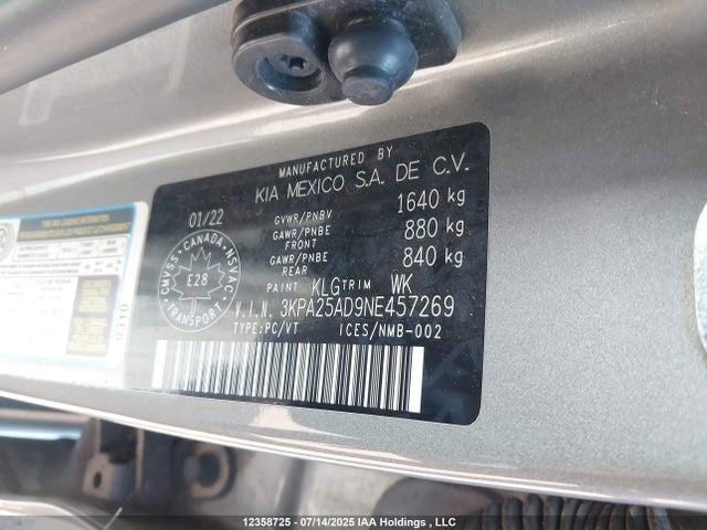 3KPA25AD9NE457269 KIA mpi gamma ii