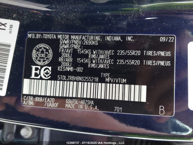 5TDLZRBH8NS255218 Toyota 2gr-fks