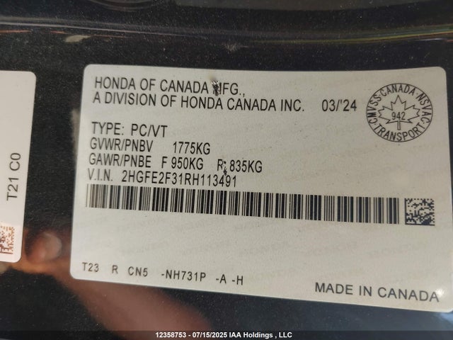 Honda k20c2 2024 2HGFE2F31RH113491 Image 19