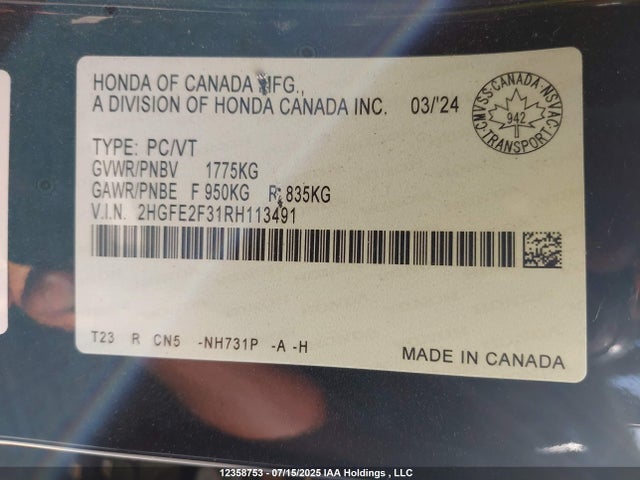 Honda k20c2 2024 2HGFE2F31RH113491 Image 9