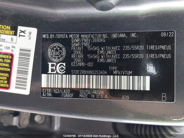 5TDFZRBHXNS253404 Toyota 2gr-fks