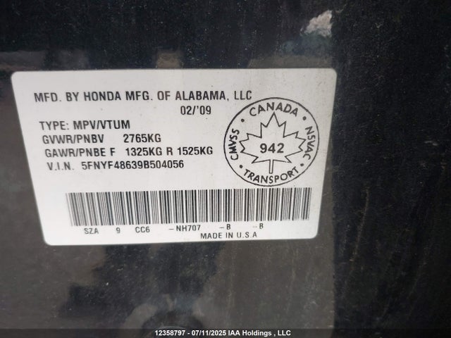 12358797 :رقم المزاد ، 5FNYF48639B504056 vin ، 2009 Honda Pilot Ex-l مزاد بيع