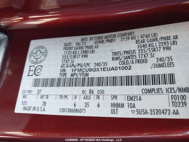 1FMCU9GX1EUA01002 Ford 2014
