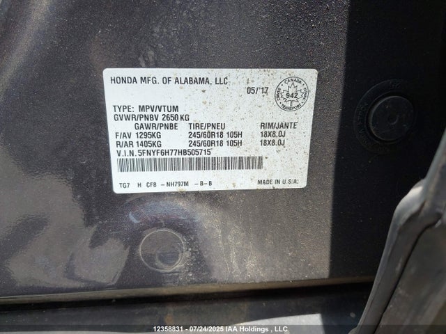 Honda j35y6 2017 5FNYF6H77HB505715 Image 9