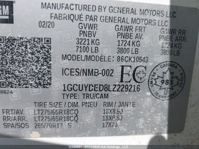 1GCUYDED8LZ229216 Chevrolet l84 - di, dfm, alum, gen 5, var 2