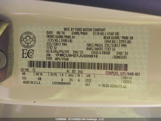1FMCU9HD1JUD09916 Ford 1.5l gtdi sigma w/premium fuel