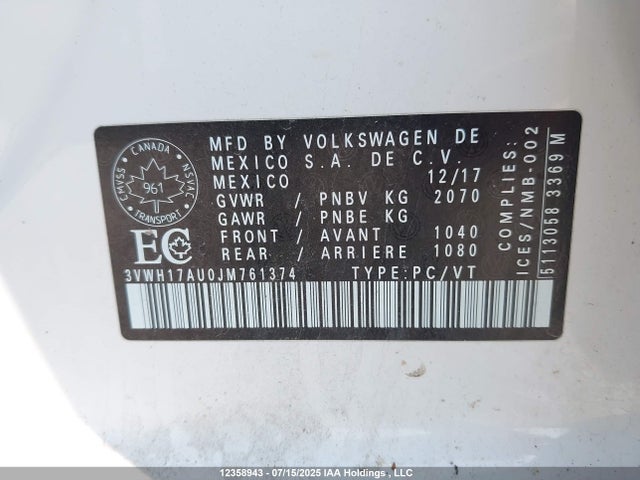 3VWH17AU0JM761374 Volkswagen 2018