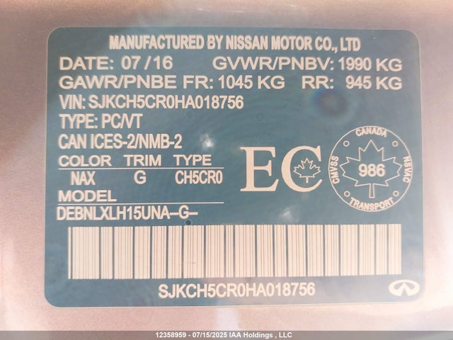 SJKCH5CR0HA018756 Infiniti m27020