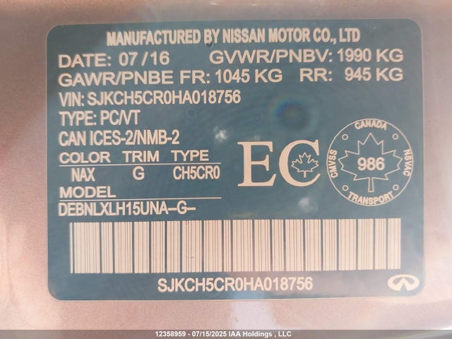 SJKCH5CR0HA018756 Infiniti m27020