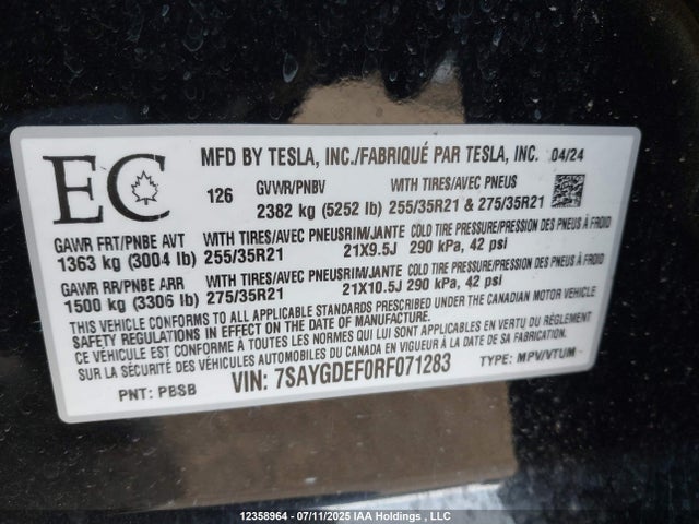 7SAYGDEF0RF071283 Tesla 2024