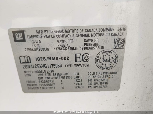 2GNALCEK4G1175980 Chevrolet lea - e85 max, aluminum