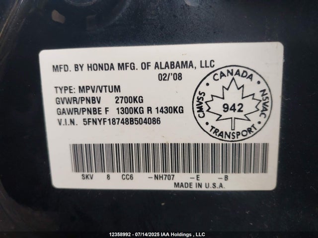 2008 Honda Pilot Exl მანქანა იყიდება აუქციონზე, vin: 5FNYF18748B504086, აუქციონის ნომერი: 12358992