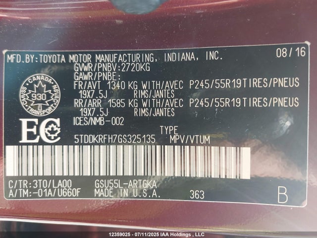 5TDDKRFH7GS325135 Toyota 2gr-fe