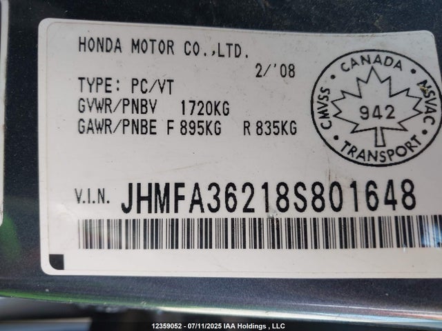 2008 Honda Civic Hybrid მანქანა იყიდება აუქციონზე, vin: JHMFA36218S801648, აუქციონის ნომერი: 12359052