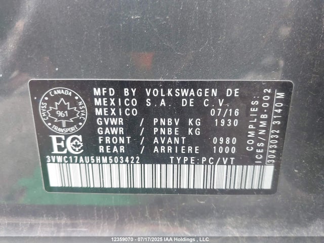3VWC17AU5HM503422 Volkswagen 1.8 tsi