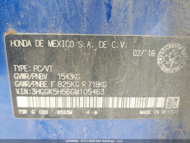 3HGGK5H56GM105463 Honda l15b1