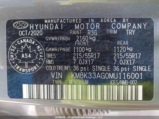 KM8K33AG0MU116001 Hyundai 2021