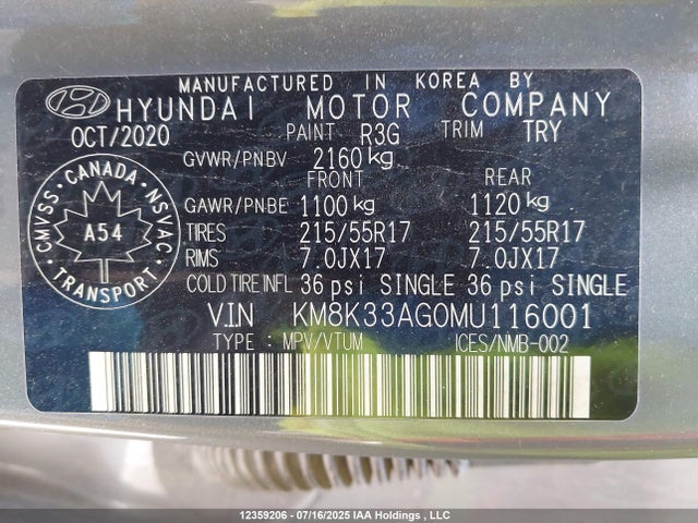 KM8K33AG0MU116001 Hyundai 2021