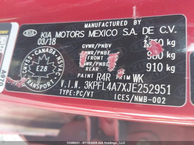 3KPFL4A7XJE252951 KIA mpi nu