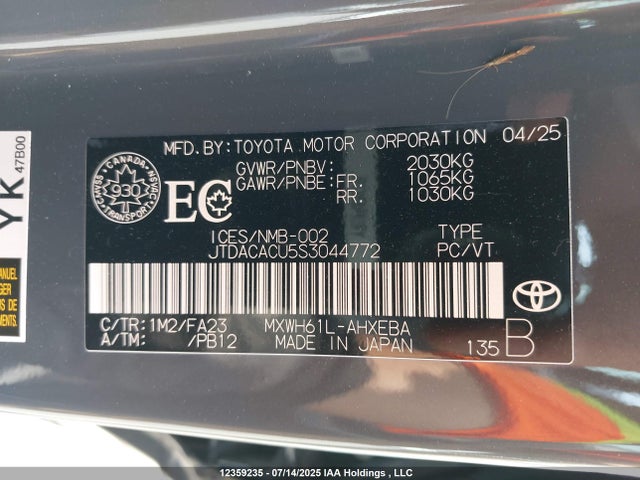 JTDACACU5S3044772 Toyota m20a-fxs