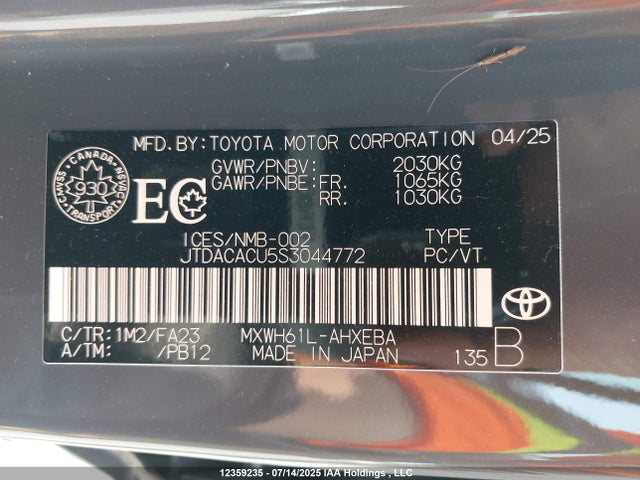 JTDACACU5S3044772 Toyota m20a-fxs