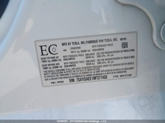 7SAYGAEE1NF377456 Tesla 2022