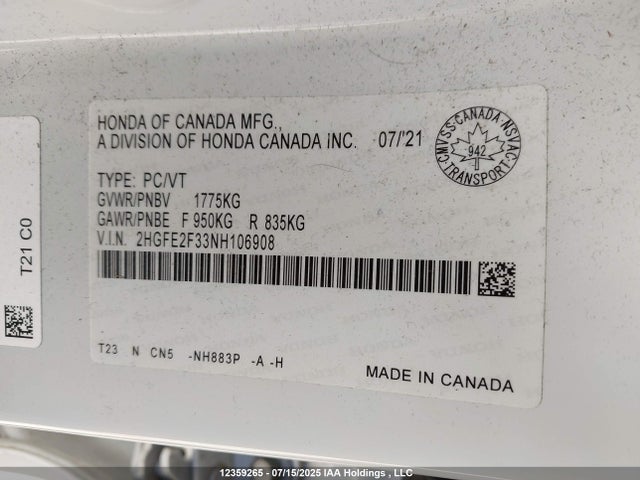 2HGFE2F33NH106908 Honda 2022