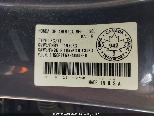 1HGCR2F6XHA800368 Honda k24w1