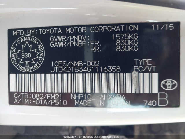 JTDKDTB34G1116358 Toyota 1nz-fxe+1lm