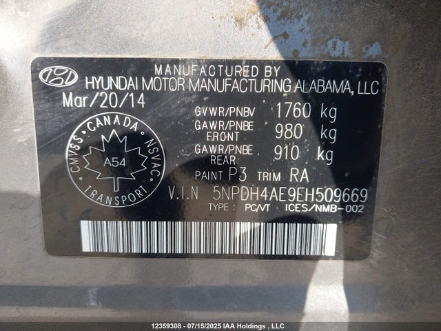 Hyundai dohc mpi nu 2014 5NPDH4AE9EH509669 Image 9