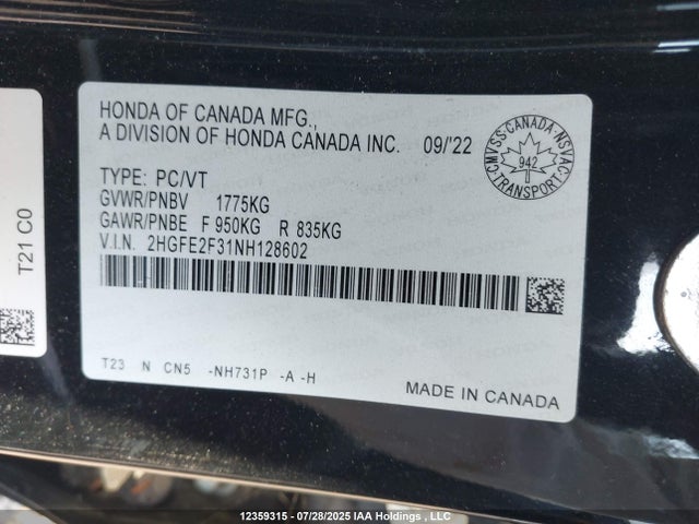 2HGFE2F31NH128602 Honda 2022