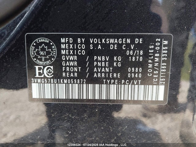 3VWG57BU1KM059872 Volkswagen 1.4 tsi