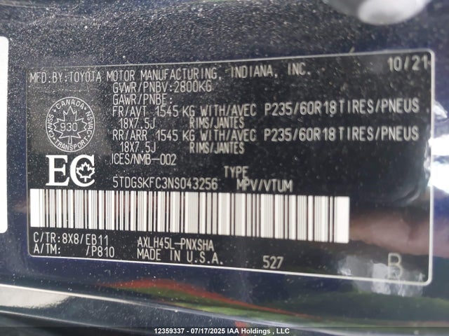 5TDGSKFC3NS043256 Toyota a25a-fxs, 5nm, 4nm