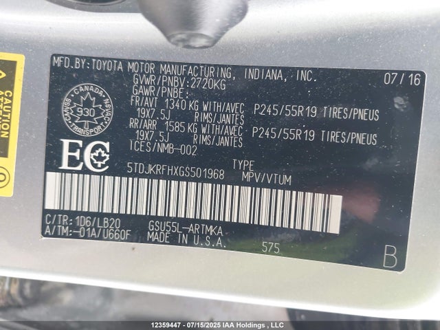 5TDJKRFHXGS501968 Toyota 2gr-fe