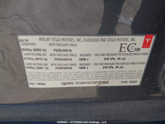 5YJSA1E21GF127020 Tesla 3 phase a/c induction (dual motor)