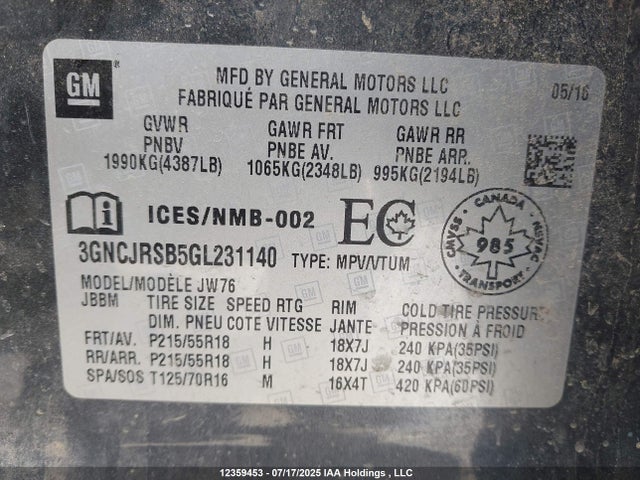 3GNCJRSB5GL231140 Chevrolet luv - mfi, vvt, alum, gme e85 max