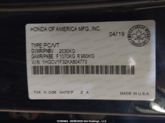 1HGCV1F32KA804773 Honda l15be