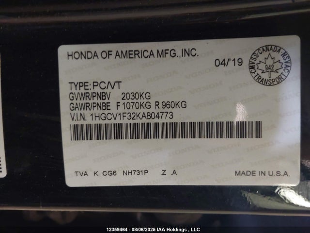 1HGCV1F32KA804773 Honda l15be